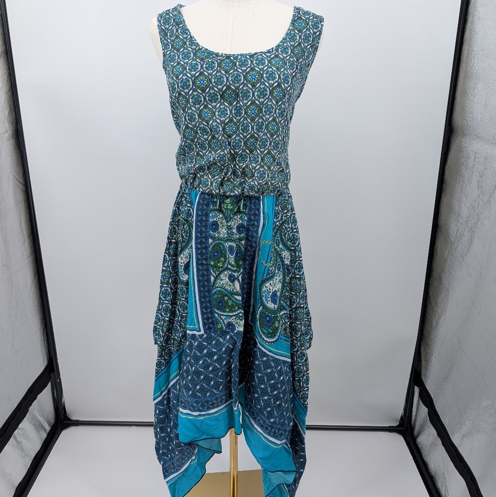 Paper Doll Blue Handkerchief Paisly Patchwork Dress 1X Boho Fairy Asymmetrical